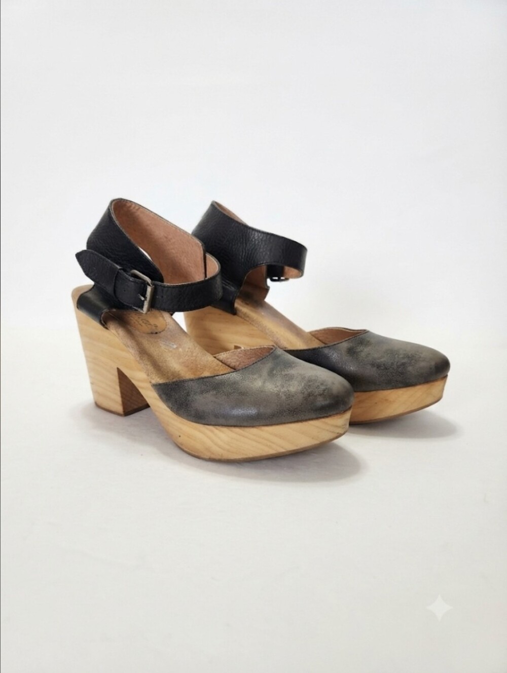 Free People Black Leather Ankle-Strap Wood Platform Heels Soze 37